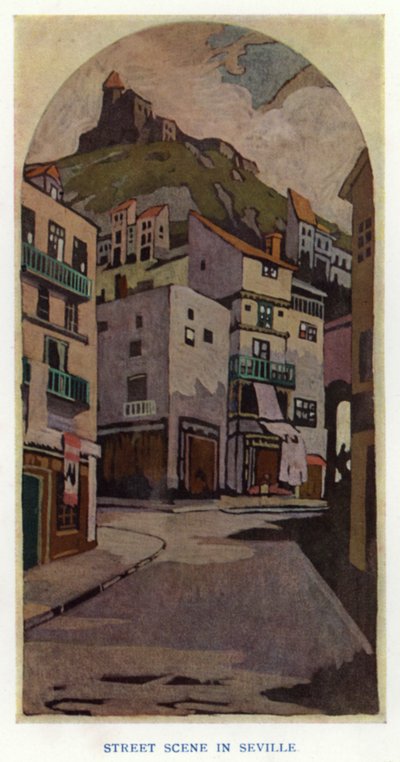 The Duenna av Sheridan: Street Scene in Sevilla (litho-farge) av George Sheringham