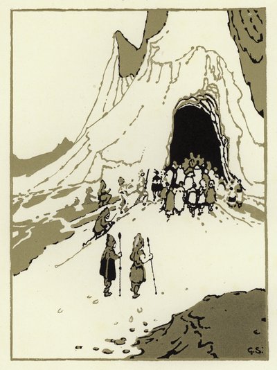 Folket satte ut for å finne gigantene, snart kom de til hulen deres (farge litho) av George Sheringham