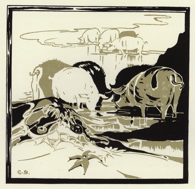 Grisene kom gryntende over sanden (farge litho) av George Sheringham