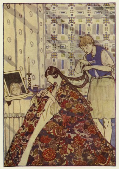Så kledde han søsteren sin i gode klær, og vasket og grammet håret hennes (farge litho) av George Sheringham