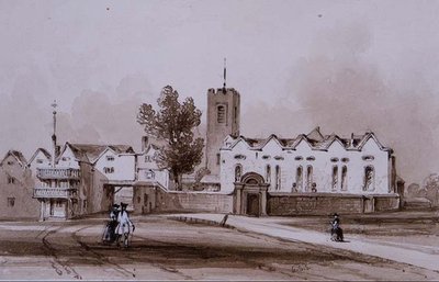 Highgate School and Chapel, ca. 1840 (vasketegning med sepia-blekk) av George Sidney Shepherd