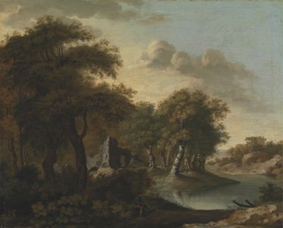 En utsikt nær Arundel, Sussex, med ruiner ved vann av George Smith