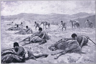 En kosakk og hesten hans: en enhet for å sikre dekning under en trefning, illustrasjon fra Cassells History of the Russo-Japanese War Vol 1, ca. 1900 av George Soper