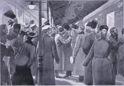 Tsaren tar farvel med offiserer fra den keiserlige garde, illustrasjon fra Cassells History of the Russo-Japanese War Vol 1, ca. 1900 av George Soper