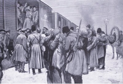 Russiske troppers avgang til Fjernøsten, illustrasjon fra Cassells History of the Russo-Japanese War Vol 1, ca. 1900 av George Soper