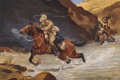 Senderrytter blir angrepet av afrikanske krigere (farge litho) av George Soper