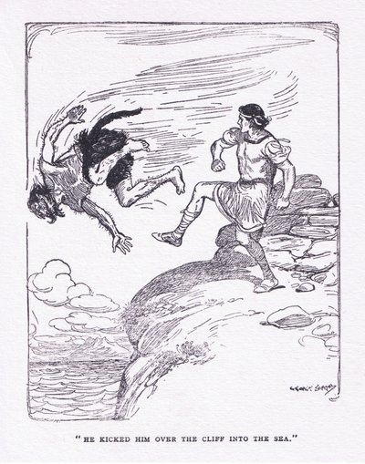 Han sparket ham over klippen i havet, fra The Heroes utgitt av George Allen og Unwin 1929 (farge litho) av George Soper