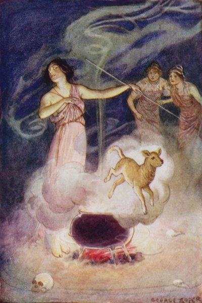 Jason og argonautene: "Hun hvisket de magiske trolldommene sine over ham, og han sprang ut igjen et ungt lam" (farge litho) av George Soper