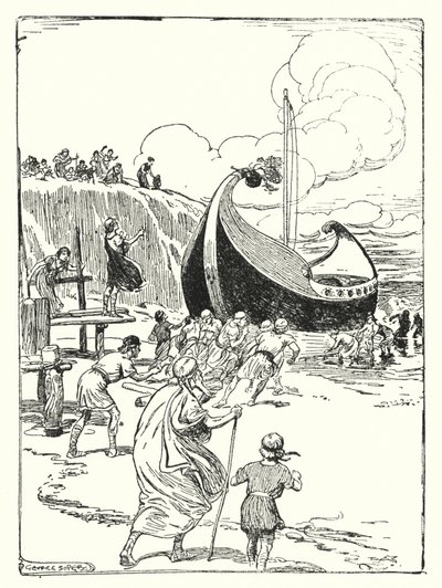 Jason og Argonautene: "Det gode skipet Argo sprang opp fra sanden på rullene og stupte videre som en galant hest" (litho) av George Soper