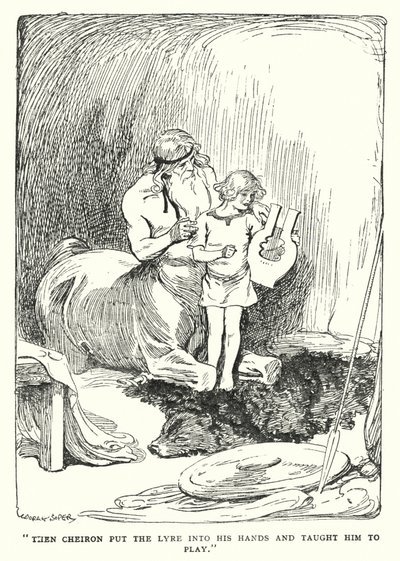 Jason og argonautene: "Så la Cheiron lyren i hendene hans og lærte ham å spille" (litho) av George Soper