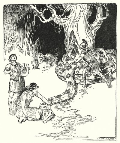 Jason og argonautene: "Så sprang Jason forsiktig ut og rev fleeceen fra trestammen" (litho) av George Soper