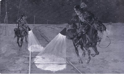 På en Manchurian railway: Nattpatrulje, illustrasjon fra Cassells History of the Russo-Japanese War Vol 1, ca. 1900 av George Soper
