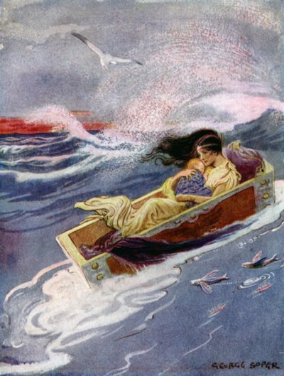 Perseus: "Og bort og ut til havet fløt moren og ungen hennes" (farge litho) av George Soper