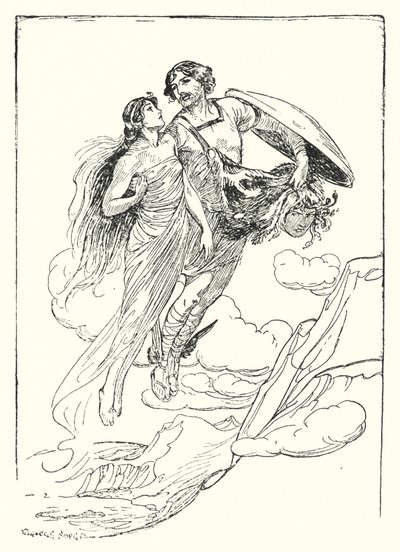 Perseus: "Perseus løftet sin vakre Andromeda i armene og flyktet med henne til klippetoppen" (litho) av George Soper