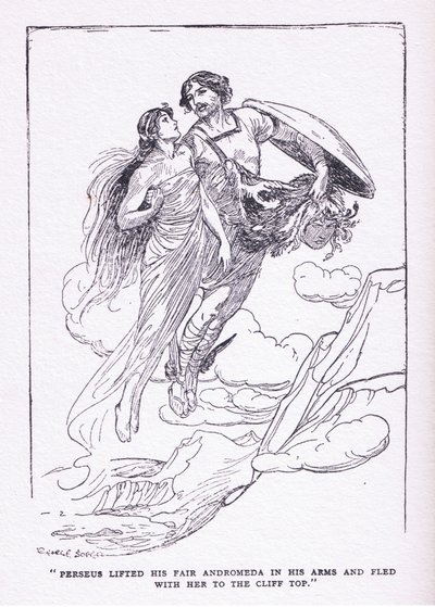 Perseus løftet sin vakre Andromeda i armene og flyktet med henne til klippetoppene, fra Heltene utgitt av George Allen og Unwin 1929 av George Soper