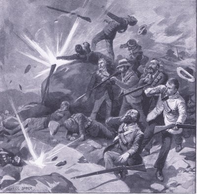 Den siste standen til Johannesburg-politiet i Bergendal, illustrasjon fra After Pretoria: The Guerilla War, 1902 av George Soper