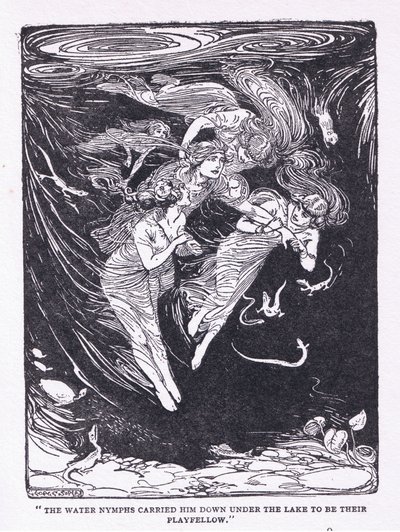 Vannymfene bar ham nedover innsjøen til lekekameraten deres, fra The Heroes utgitt av George Allen og Unwin 1929 (litho) av George Soper