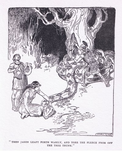 Så sprang Jason trett frem, og rev fleeceen av trestammen, fra The Heroes utgitt av George Allen og Unwin 1929 (litho) av George Soper