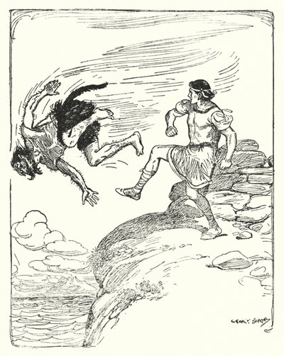 Theseus: "Han sparket ham over klippen i havet" (litho) av George Soper