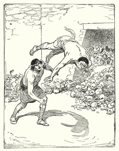 Theseus: "Theseus kastet ham rett over skulderen hans på bakken" (litho) av George Soper