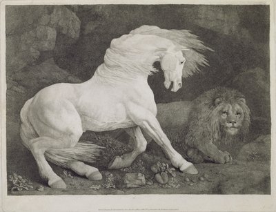 A Horse Frighted by a Lion, gravert av kunstneren, pub. 1788 av George Stubbs