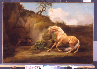 En hest som er skremt av en løve, ca. 1790-5 av George Stubbs