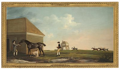 Gimcrack på Newmarket Heath med en trener, en jockey og en stabil gutt av George Stubbs