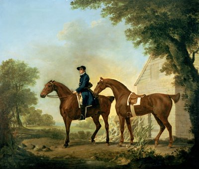 Mr. Crewe's Hunters with a Groom near a Wooden Barn (olje på lerret) av George Stubbs