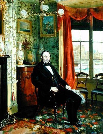 Portrett av Henry Thomas Lambert sittende i sitt studie med utsikt over Themsen bortenfor (olje på lerret) av George Townsend Cole