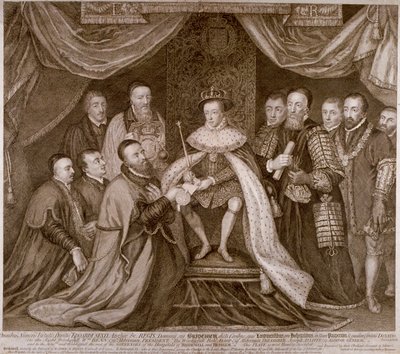 Edward VI signerer et charter som gir Bridewell til City of London for et arbeidshus, 1552 1750 av George Vertue