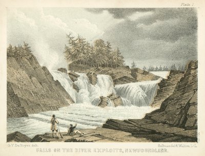 Falls on the River Exploits, Newfoundland (farget gravering) av George Victor Du Noyer