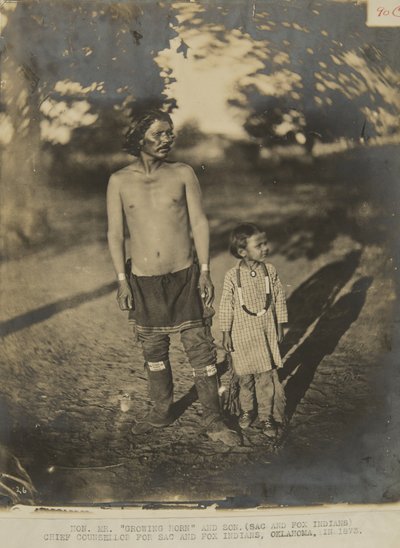 Hon. Mr. Growing Horn og sønn. (Sac and Fox Indian) Sjefrådgiver for Sac and Fox Indian, Oklahoma, i 1873 (bilde) av George W. Ingalls