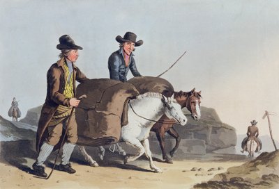 Klutprodusenter tar tøy til markedet, fra `Costume of Yorkshire' gravert av Robert Havell (1769-1832) 1814 av George Walker