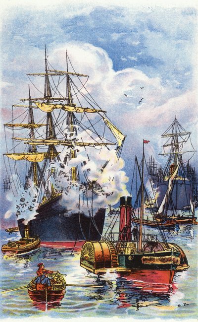 En handelsmann blir tauet oppover Themsen (farge litho) av George Washington Lambert