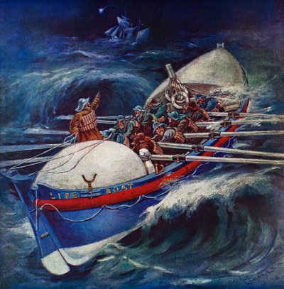 Redningsbåt forsøker en redning (farge litho) av George Washington Lambert