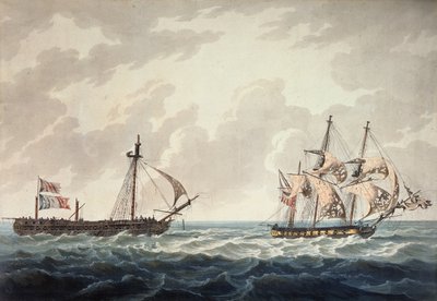 Hans Majestets slup, Bonne Citoyenne, tar den franske fregatten, La Furieuse, på slep etter handlingen 6. juli 1809, gravert av R und D Havell, utgitt av Robert Cribb i 1810 av George Webster