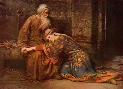 Shakespeare: Cordelia trøster King Lear in Prison, King Lear, Act V, Scene 3 (farge litho) av George William (after) Joy
