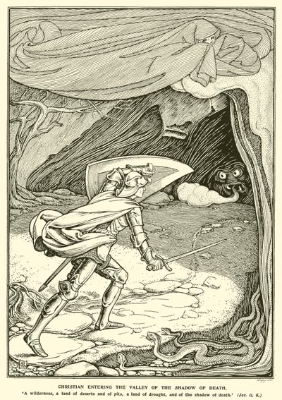 Christian Entering the Valley of the Shadow of Death (gravering) av George Woolliscroft Rhead