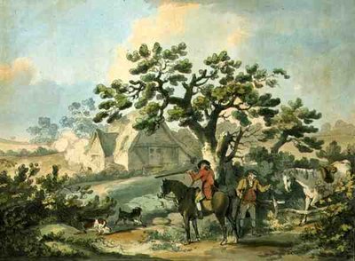 Partridge Shooting, etset av Thomas Rowlandson (1756-1827), pub. av J. Harris, 1789 (farget etsning) (se også 125724, 125726-27) av George after Morland