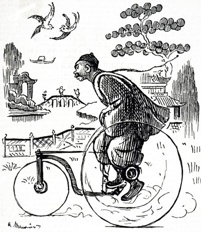 En tegneserie som viser en kinesisk mann som sykler på en trehjulssykkel gjennom en park i Kina. Illustrert George du Maurier (1834-1896), en fransk-britisk tegneserieskaper og forfatter av George du Maurier