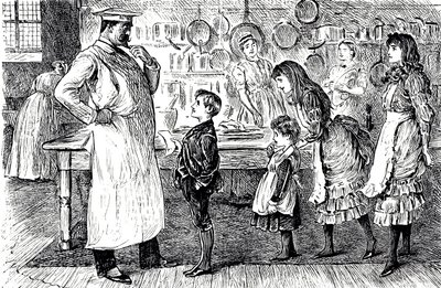 En tegneserie som viser en kokk som tar bestillinger fra barna i huset. Illustrert av George du Maurier (1834-1896), en fransk-britisk tegneserieskaper og forfatter av George du Maurier