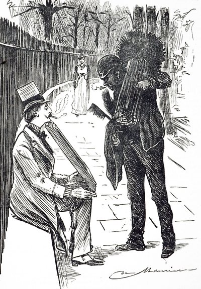En tegneserie som viser en skorsteinsfeier som bærer børstene hans gjennom Londons gater. Illustrert av George du Maurier (1834-1896), en fransk-britisk tegneserieskaper og forfatter av George du Maurier