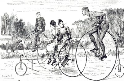 En tegneserie som viser en gruppe unge mennesker som sykler på trehjulssykkel. Illustrert George du Maurier (1834-1896), en fransk-britisk tegneserieskaper og forfatter av George du Maurier
