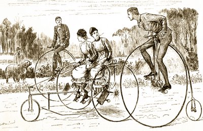 En tegneserie som viser en gruppe unge mennesker som sykler på trehjulssykkel. Illustrert George du Maurier (1834-1896), en fransk-britisk tegneserieskaper og forfatter av George du Maurier
