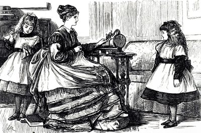 En tegneserie som viser en ung mor som bruker en symaskin. Illustrert av George du Maurier (1834-1896), en fransk-britisk tegneserieskaper og forfatter av George du Maurier