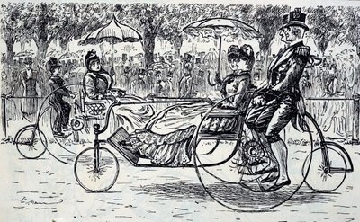 En gravering som viser passasjerer som sykler i sykkelvogner. Illustrert av George du Maurier (1834-1896), en fransk-britisk tegneserieskaper og forfatter av George du Maurier