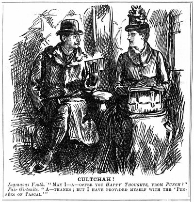Fordeler med universitetsutdanning for kvinner. George du Maurier tegneserie fra Punch London 8. desember 1887. Ung mann i jernbanevogn tilbyr utdannet fra Girton, Cambridge, litt lett lesning for reisen. Hun avslår grasiøst ettersom hun har utstyrt henne av George du Maurier