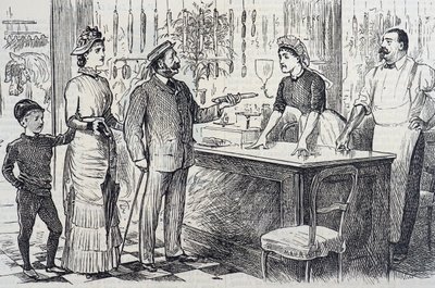 Tegneserie som kommenterer den gjennomsnittlige engelskmannens vaklende forståelse av det metriske systemet av George du Maurier