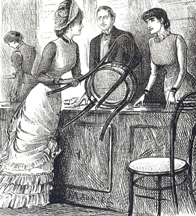 Tegneserie som kommenterer arbeidsforholdene til butikkmedarbeidere av George du Maurier