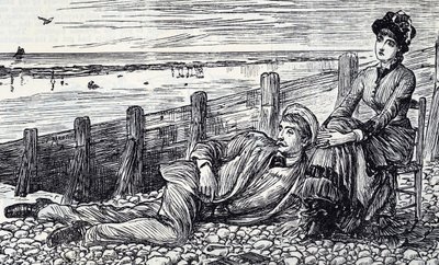 Tegneserie som viser et par som nyter bryllupsreisen på en rullesteinstrand av George du Maurier